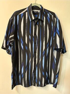 Bassiri Uomo Men Shirt XL Short Sleeve Button Up Abstract Vertical Stripe Black